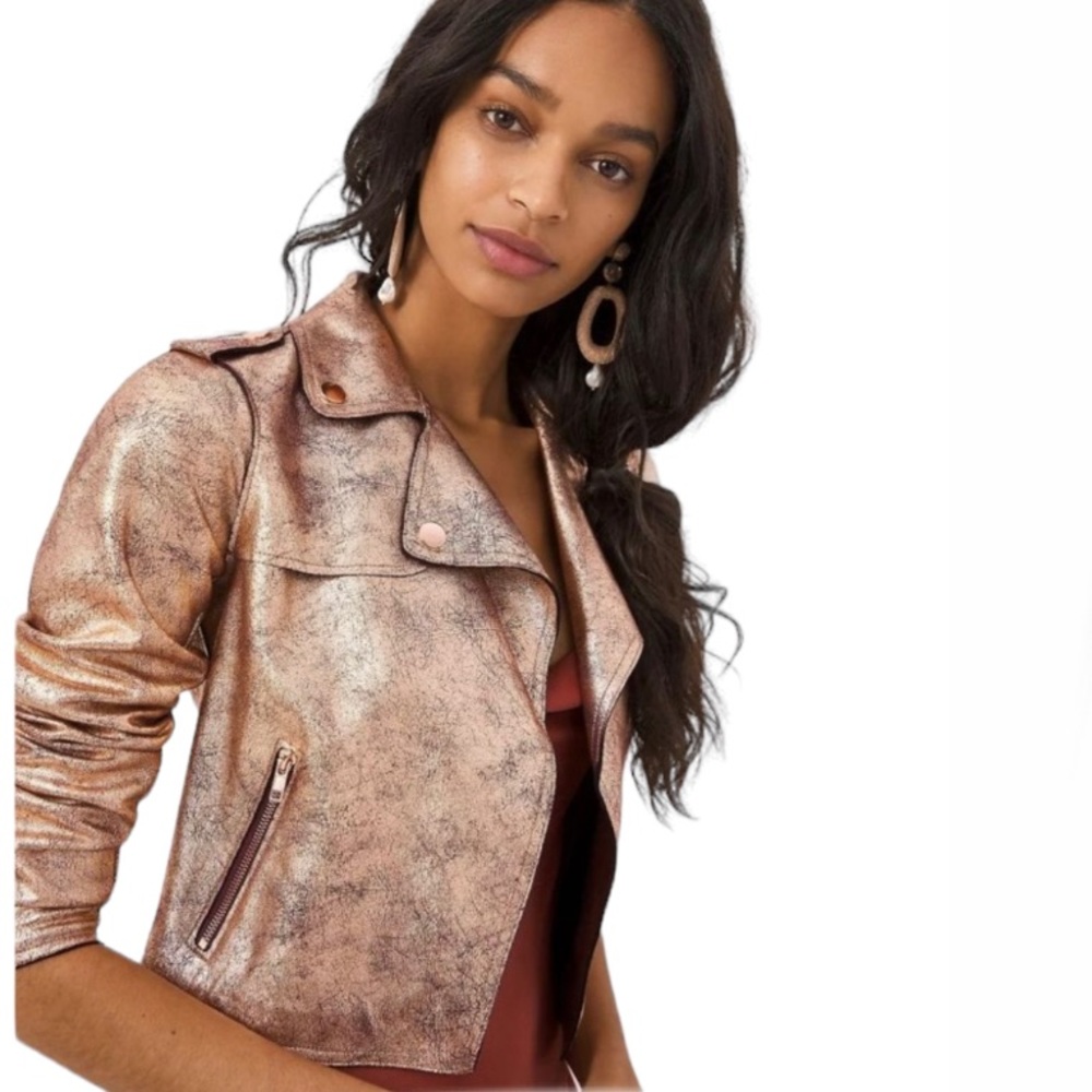 Anthropologie “Brisa” Gold Crackled Vegan Leather Moto Jacket - Women’s Size XL